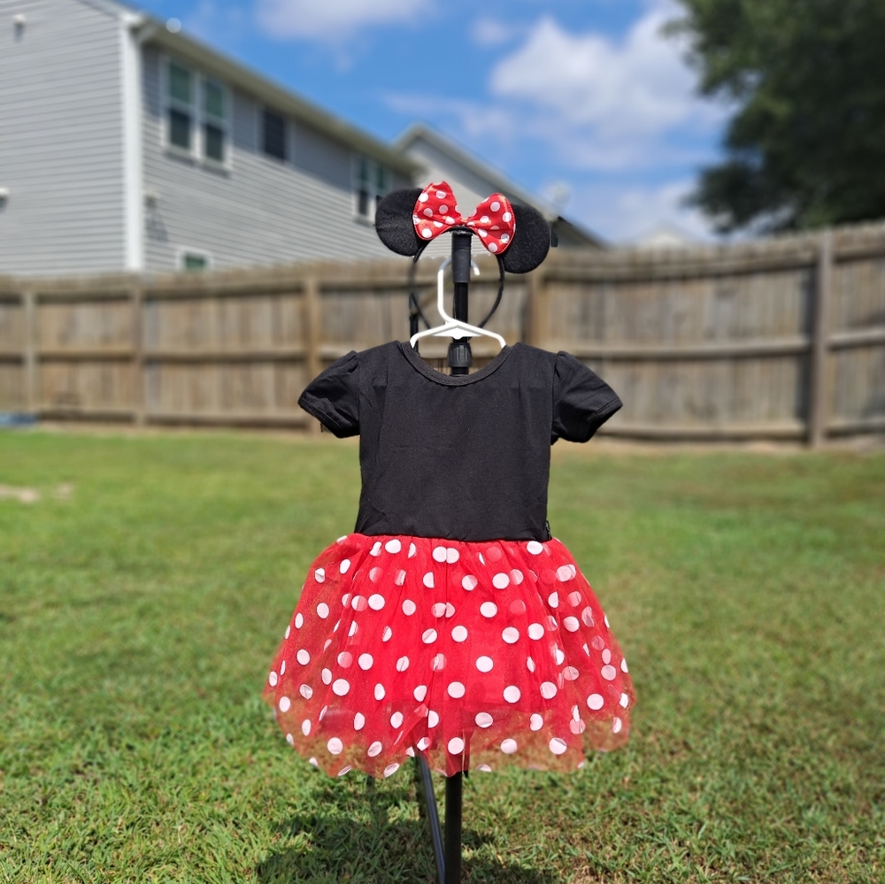 ⚫️ 🔴 ⚪️ Black Top Red And White Polka-dot Dress With Mouse Ears Headband - Picture 3 of 5